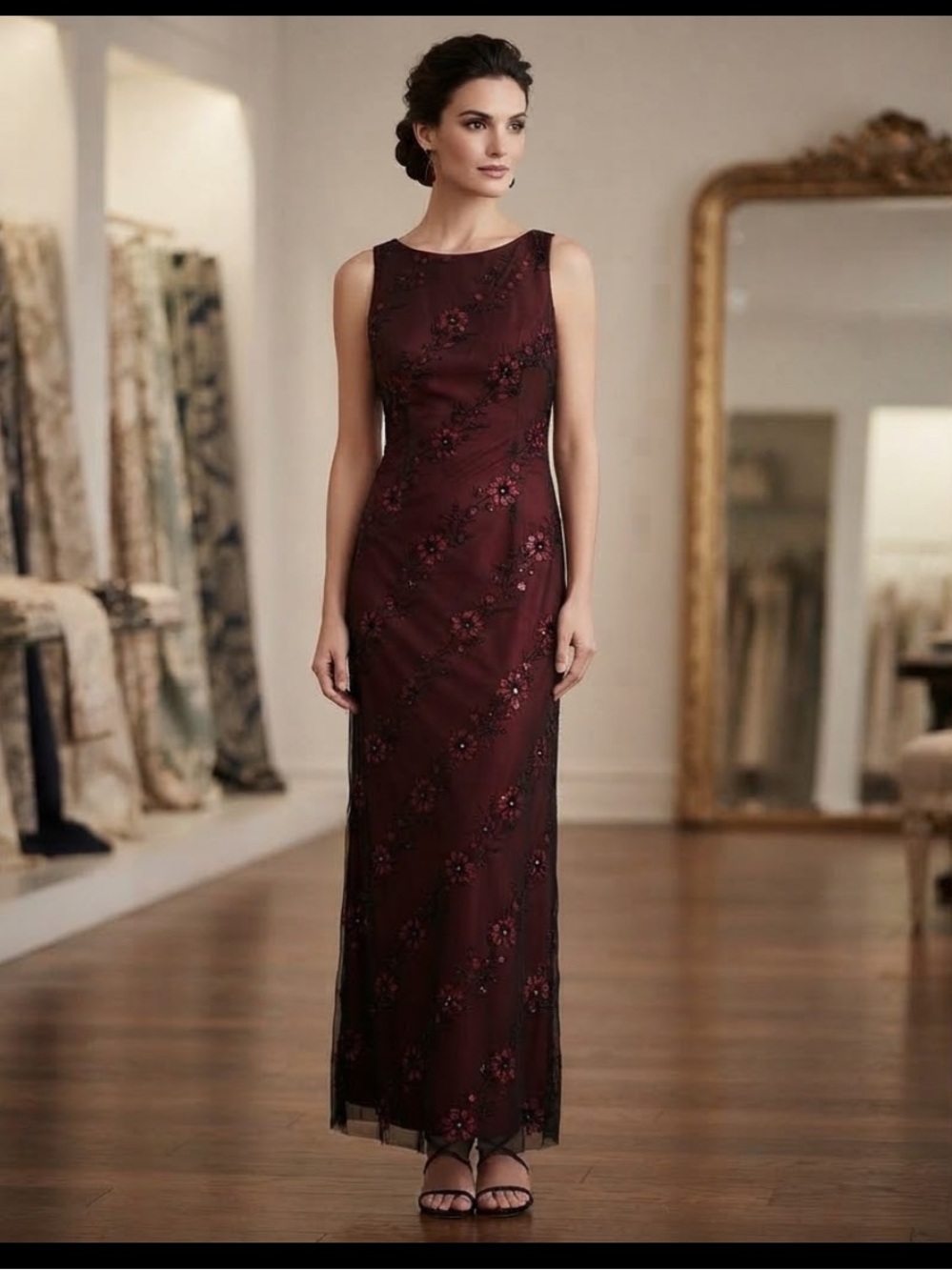 90s Jessica Howard Women’s Red Black Floral Embroidered Maxi Dress Gown 12